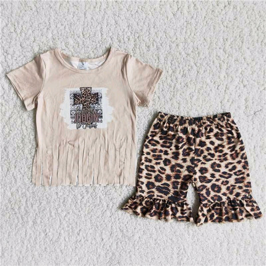 Cross Girl Short Sleeve T-shirt Leopard Ruffle Shorts Set