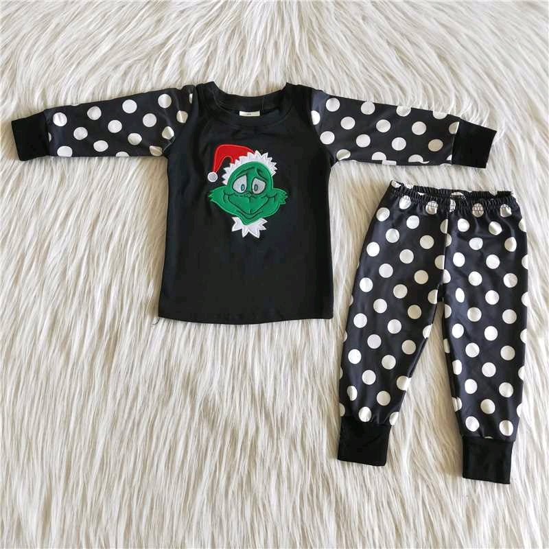 Christmas embroidery green boy pajamas outfit