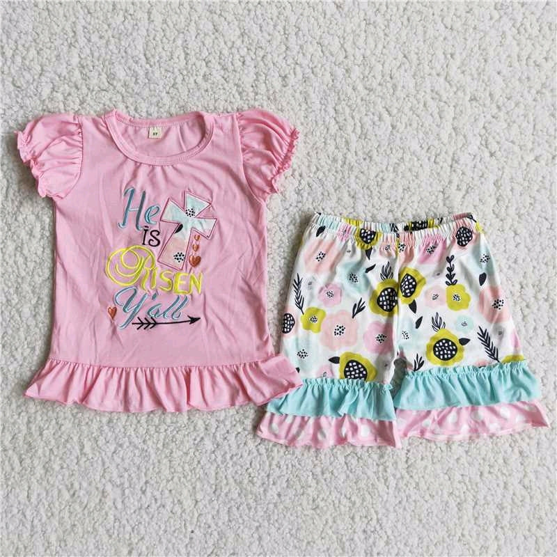 Cross Pink Girl Short Sleeve Top sunflower Ruffle Shorts Set