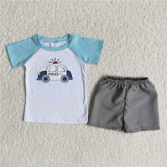 police car White Raglan sleeve T-shirt smoked shorts Set