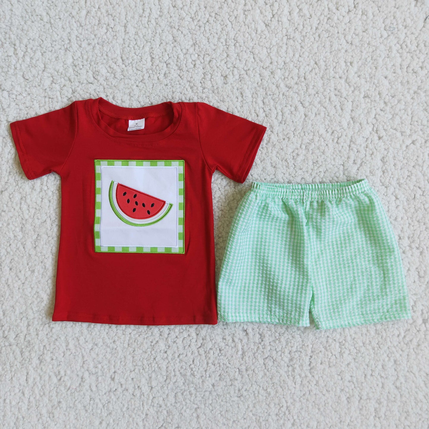 Watermelon embroidered Red T-shirt Green shorts Set