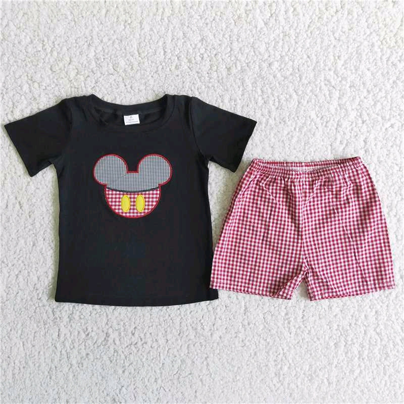 Mickey Black embroidery T-shirt Red shorts Set