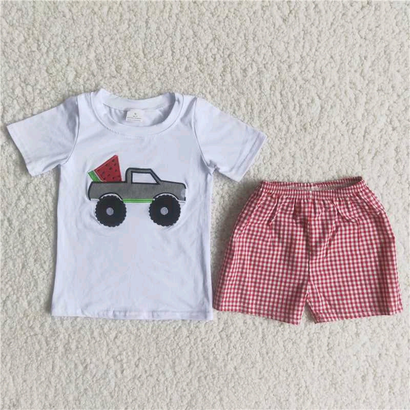 White embroidered Tractor short sleeve T-shirt  smoked shorts Set