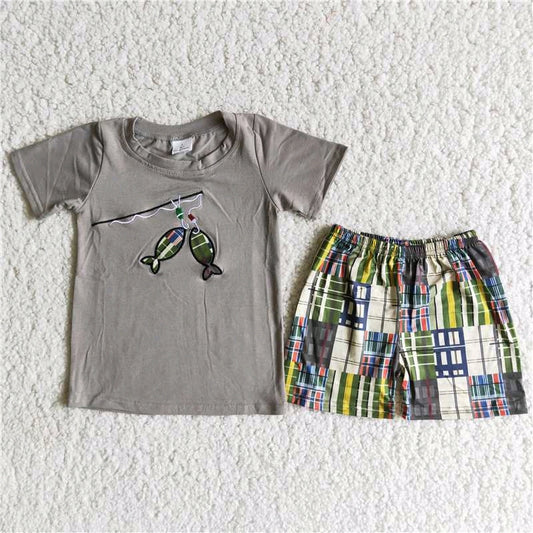 Fishing Embroidered smoked T-shirt shorts Set