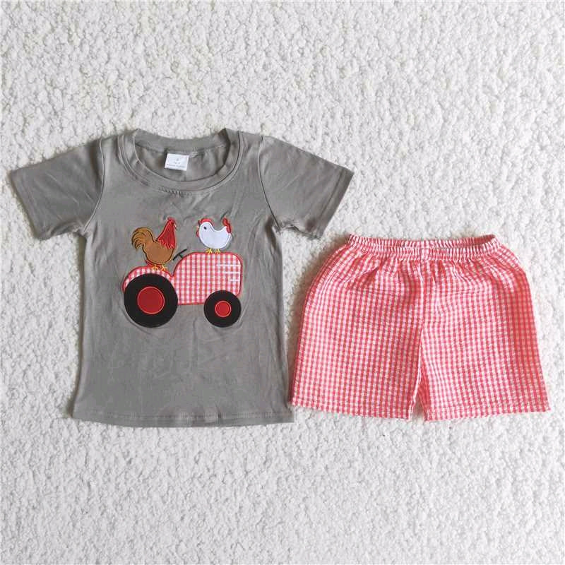 Red embroidered Chicken Tractor smoked T-shirt red shorts Set