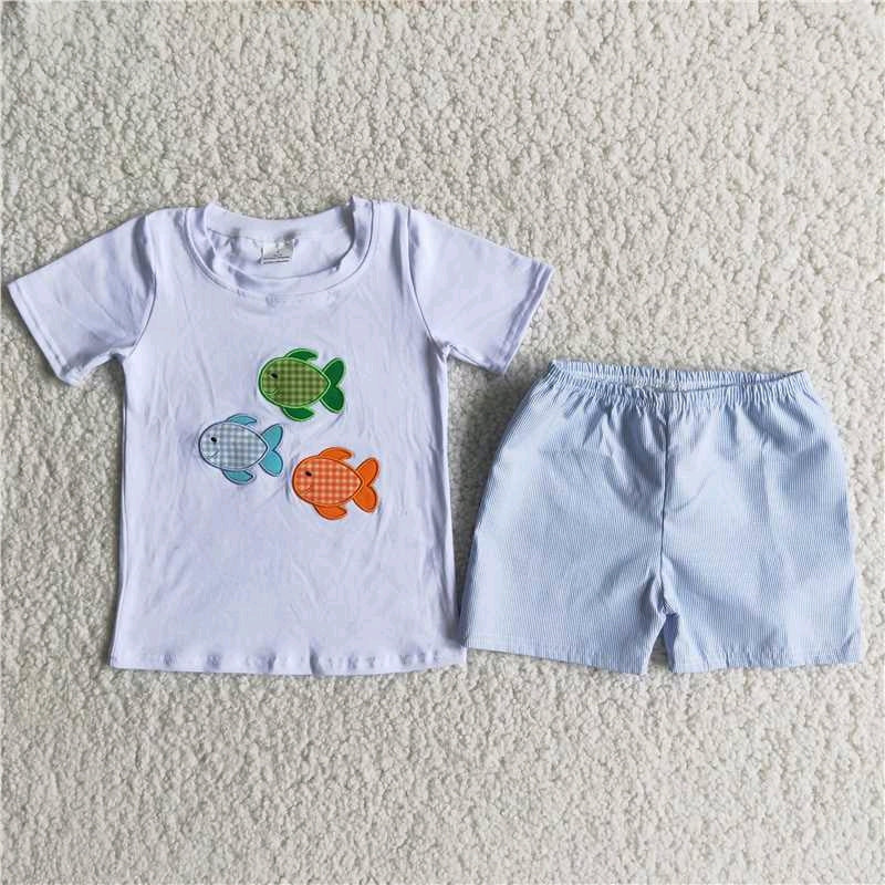 Fish Embroidered white T-shirt shorts Set