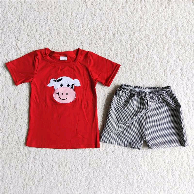 Cow embroidered Red T-shirt Grey shorts Set