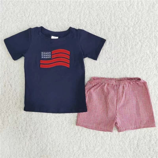 American Flag print dark Blue T-shirt Red shorts Set