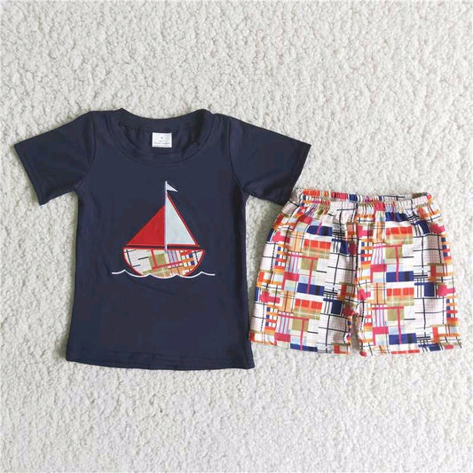 Ship Embroidered Dark Blue T-shirt shorts Set