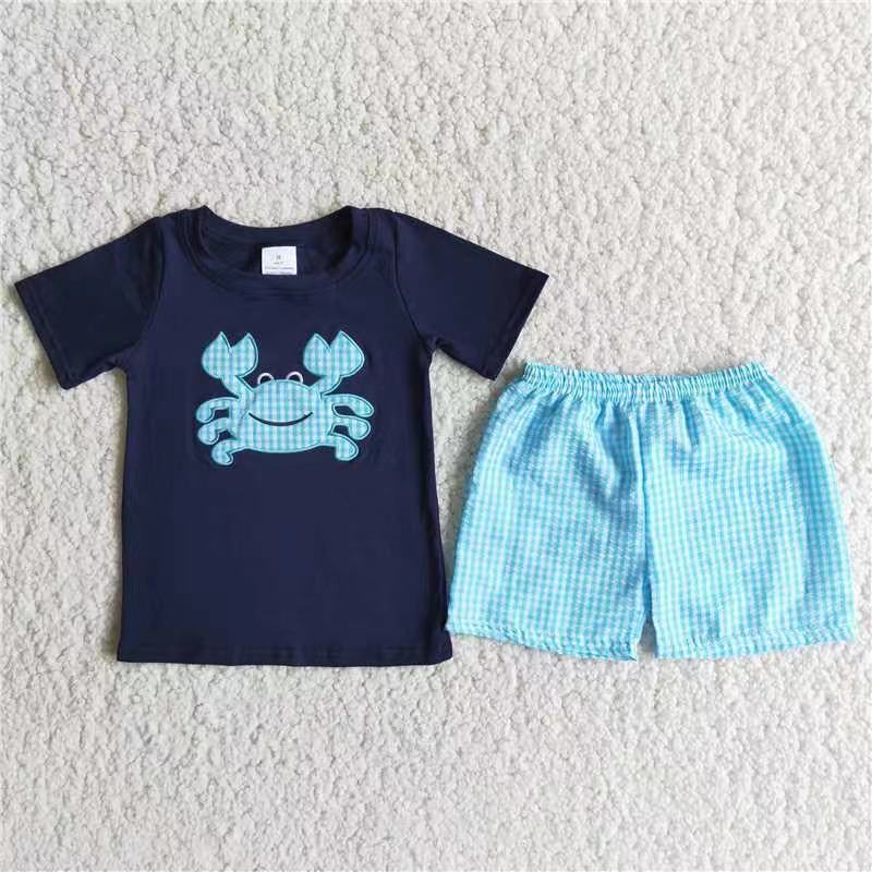 Crab Embroidered Dark Blue T-shirt shorts Set