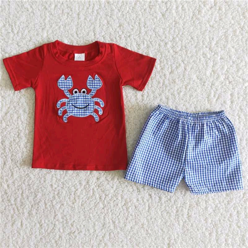 Crab Embroidered Red T-shirt shorts Set