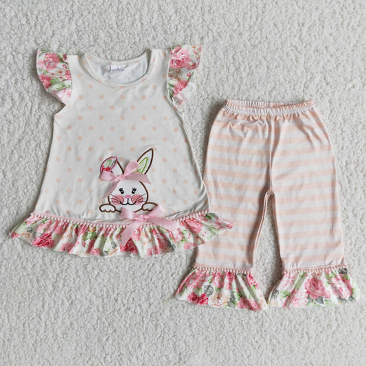 easter Embroidered Rabbit Top Stripe Ruffle Pants Outfit