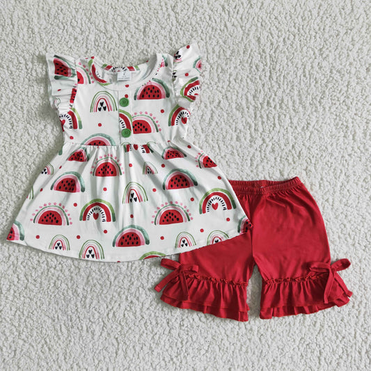 Summer Rainbow flutter sleeve dress red Shorts Set