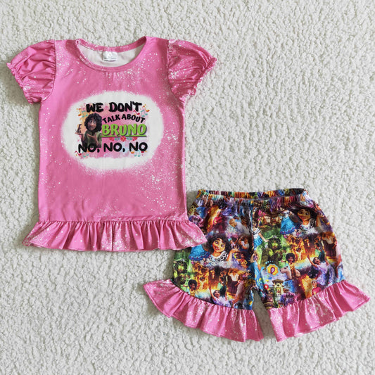 girls Pink cartoon T-shirt ruffle shorts sets GSSO0006