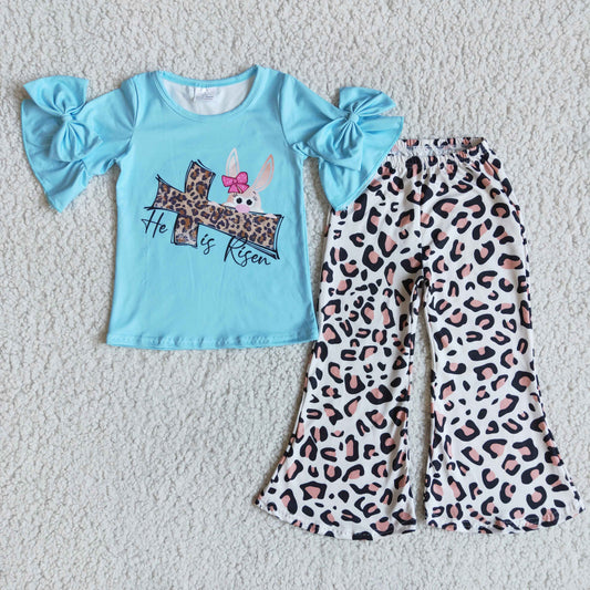 Easter Rabbit short sleeve Blue Bell Bottom leopard Pants Set