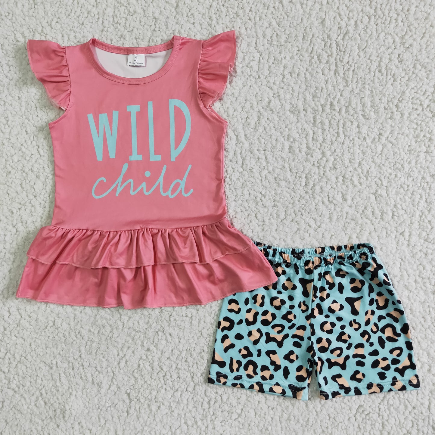 Wild child pink ruffle top girl leopard Shorts Set