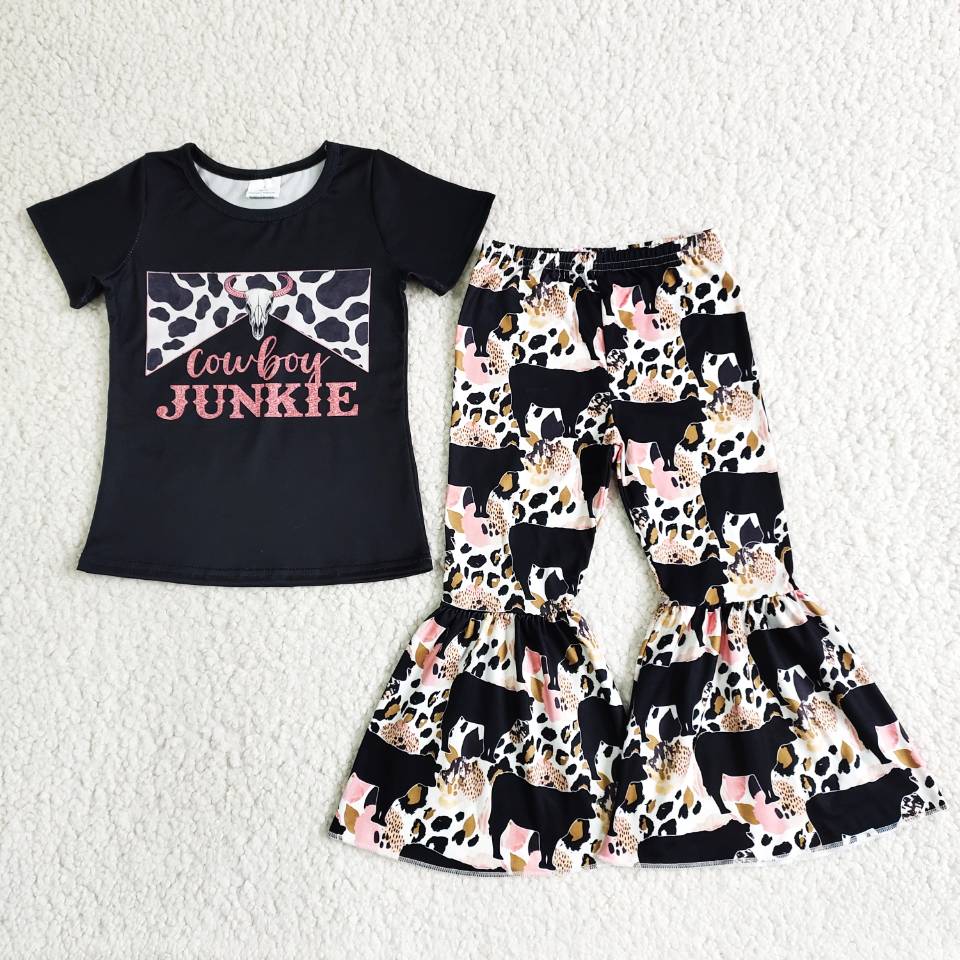 Cowboy Junkie Black T-shirt heifer print bell bottom pants Set