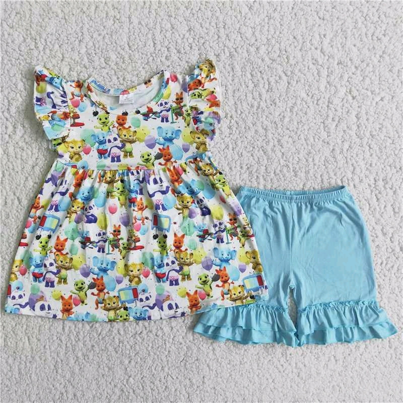 cartoon flutter sleeve top blue ruffle shorts set