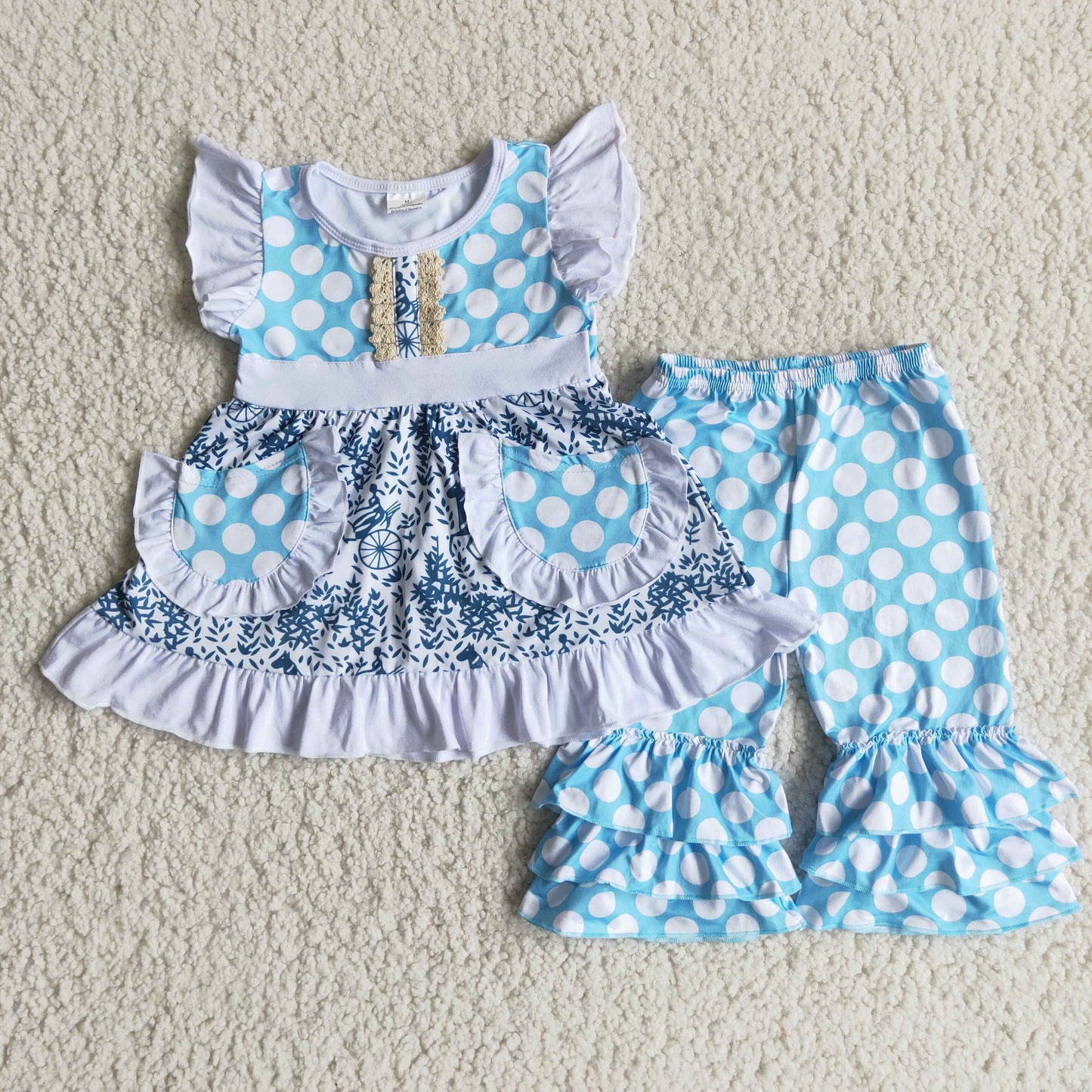 Blue Polka futter sleeve ruffle pants set