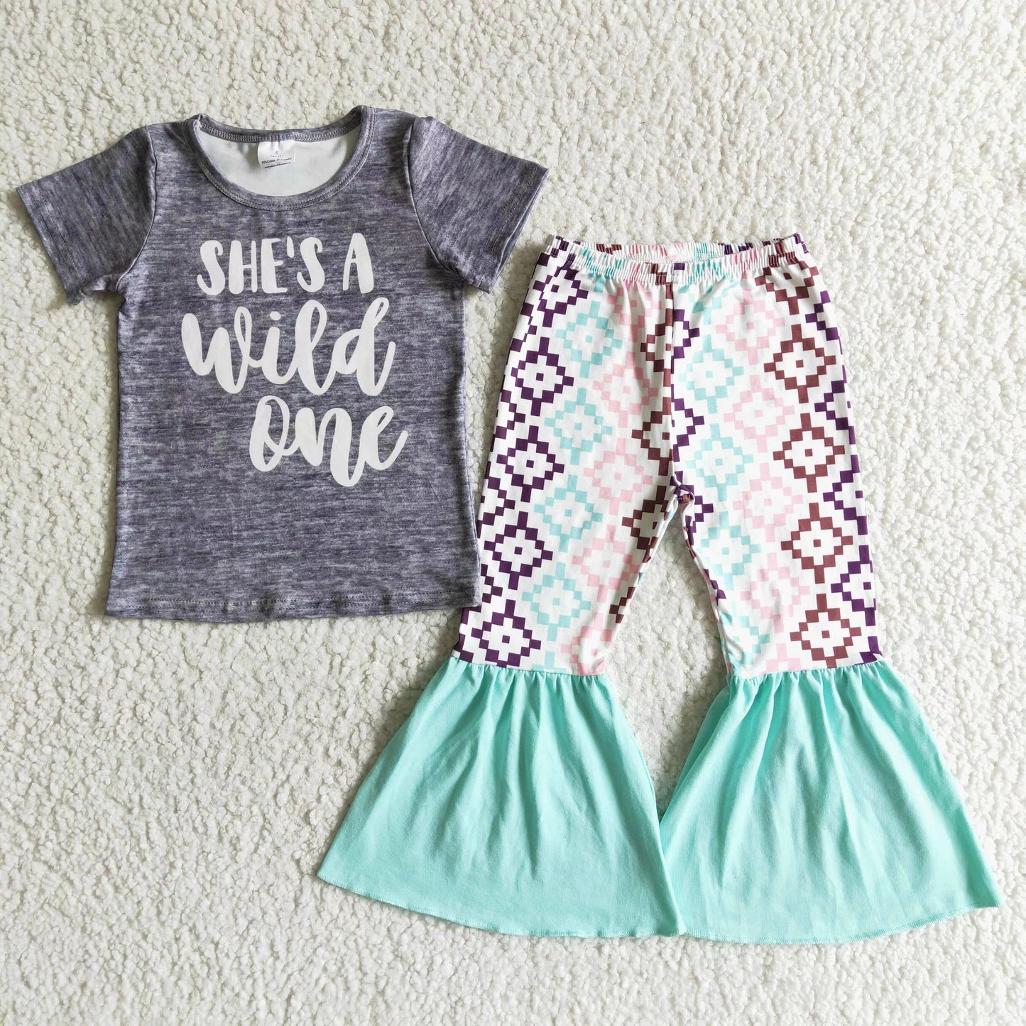 She is a wild one grey T-shirt girl green bell bottom outfit