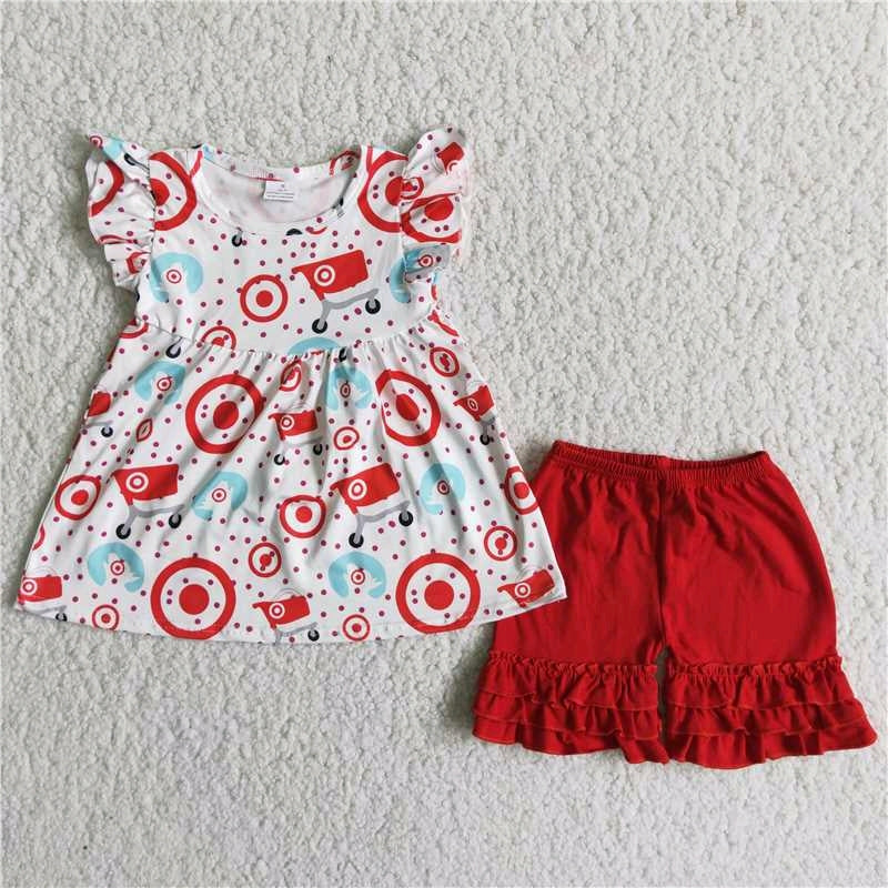 Shopping cart flutter sleeve Red ruffle pants set