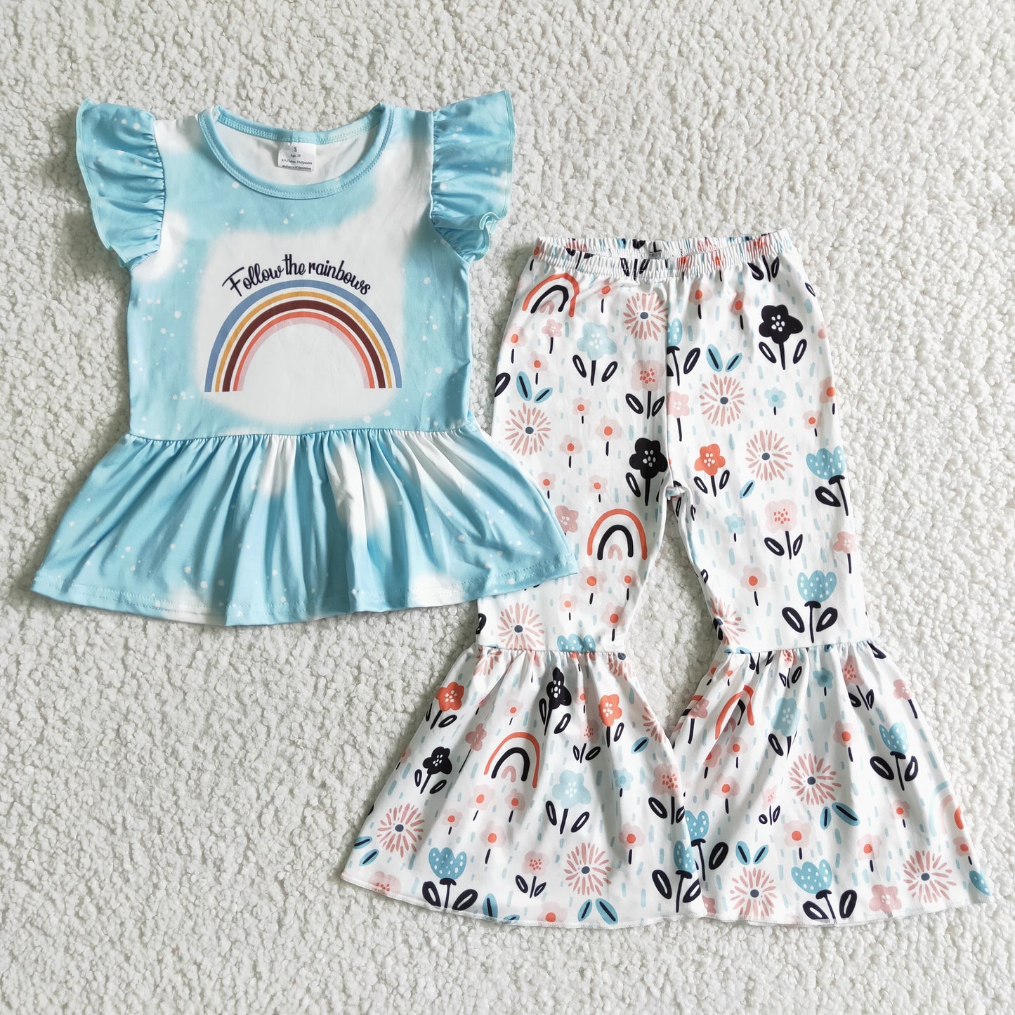 rainbow blue T-shirt Bell bottom Pants Outfit