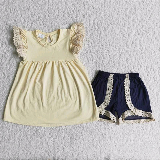 Yellow flutter sleeve dress dark blue lace shorts set