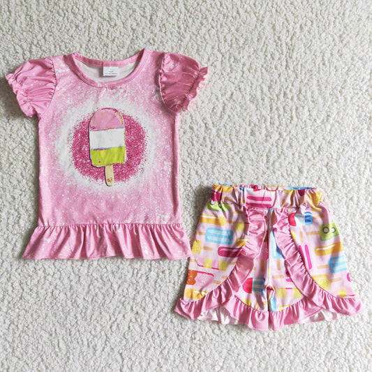 Summer Ice-cream pink short sleeve ruffle T-shirt Shorts Set