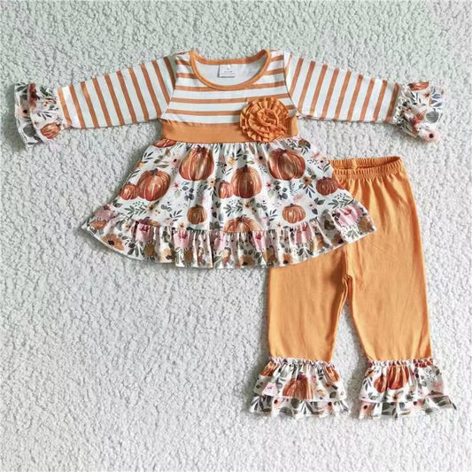 girls Pumpkin tunic tops ruffle pants sets GLP0018