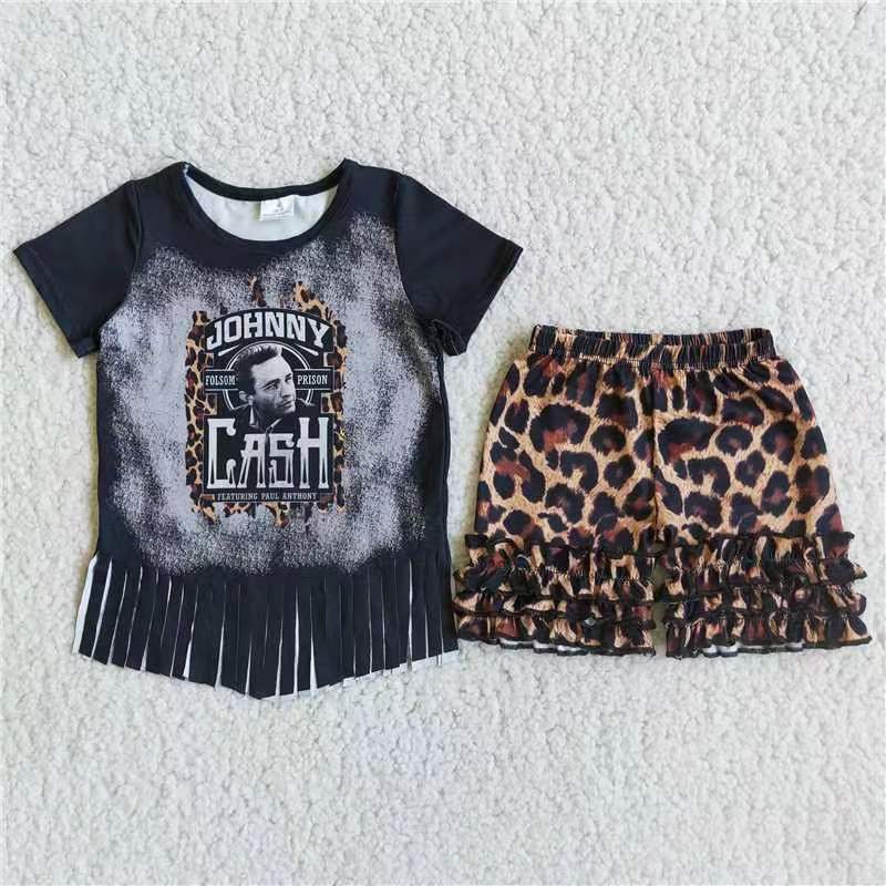 Johnny Cash Black T-shirt leopard Ruffle shorts Set