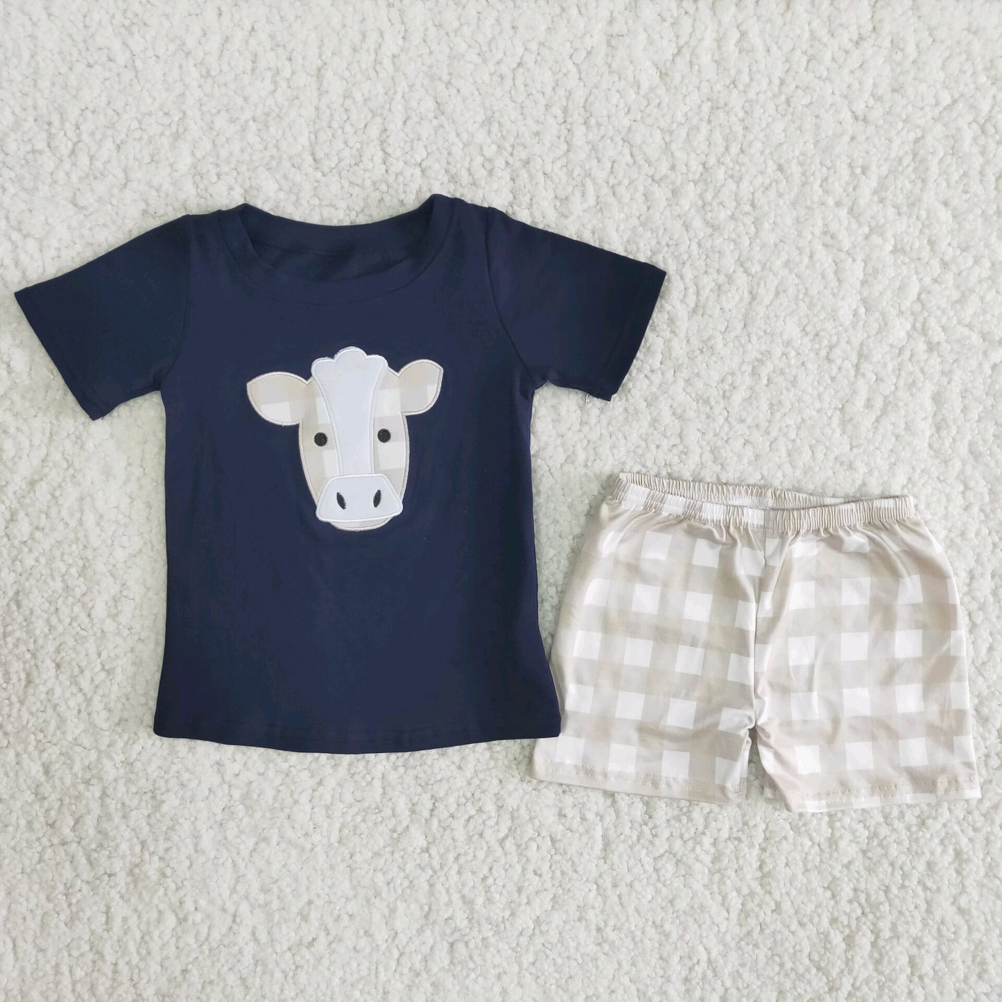 Cow embroidered Dark Blue T-shirt Grey plaid shorts Set