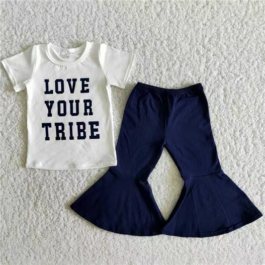 Letter Love Your Tribe Top Blue Bell Bottom Pants Girl Set