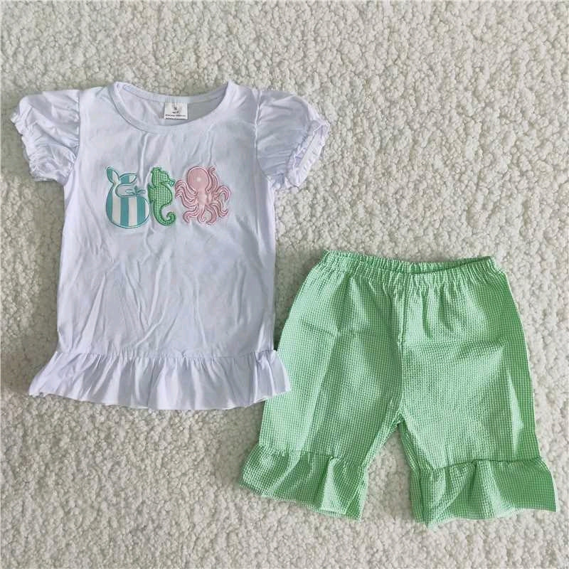 Whale Hippo octopus white top green shorts set