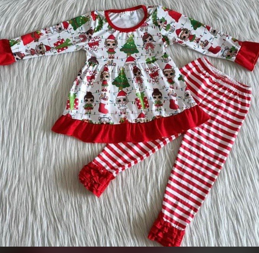 Christmas Cartoon Red Top Red Stripe Pants Outfit