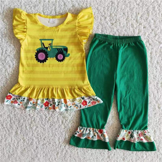 Tractor yellow short sleeve Top green pants set