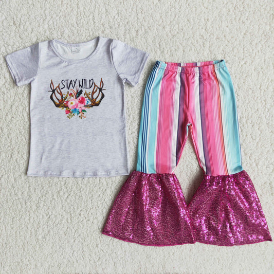 Stay wild Grey T-shirt colorful stripe Sequins bell bottoms pants set