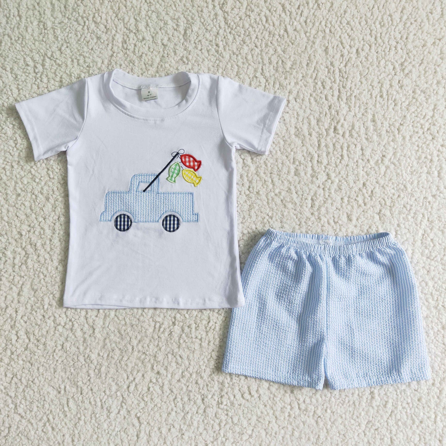 Embroidery Car white T-shirt Blue Plaid shorts set