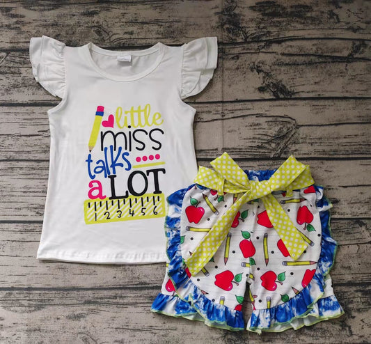 Back to school Miss Talks a lot Flutter sleeve girl ruffle Shorts Set