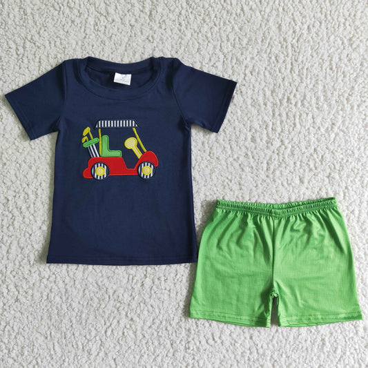 blue embroidery T-shirt green shorts set