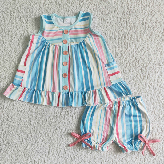 summer colorful stripe button ruffle sleeveless dress ruffle shorts set