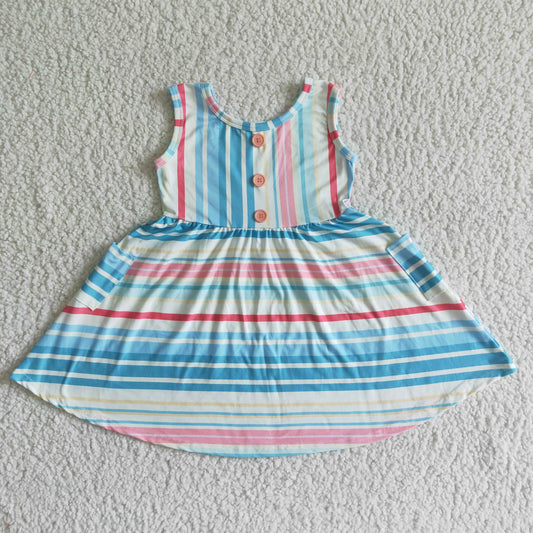 colorful stripe pink button sleeveless Dresses