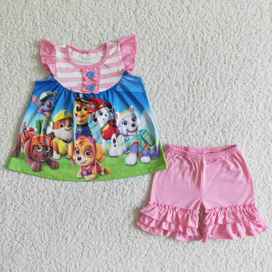 cartoon dog short sleeve T-shirt girl ruffle Shorts Set