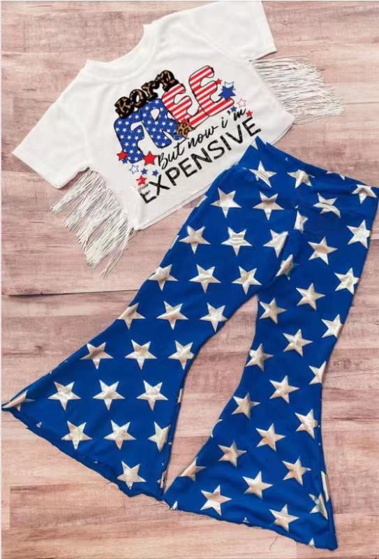 Free White T-shirt Blue Star bell bottom pants set