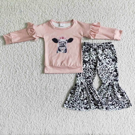 Highland Cow Pink Long Sleeve Top Bell Bottom pants Set