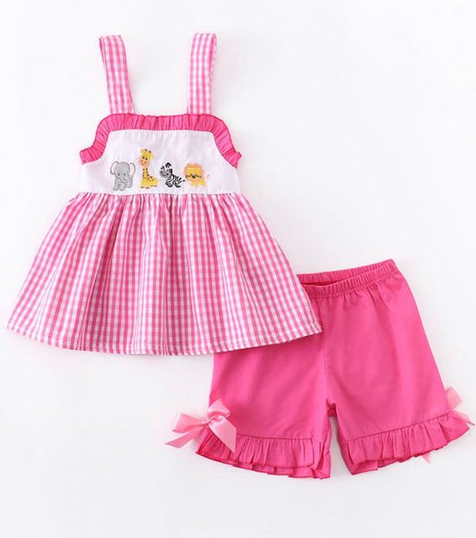 Animal pink plaid dress Shorts Set-preorder