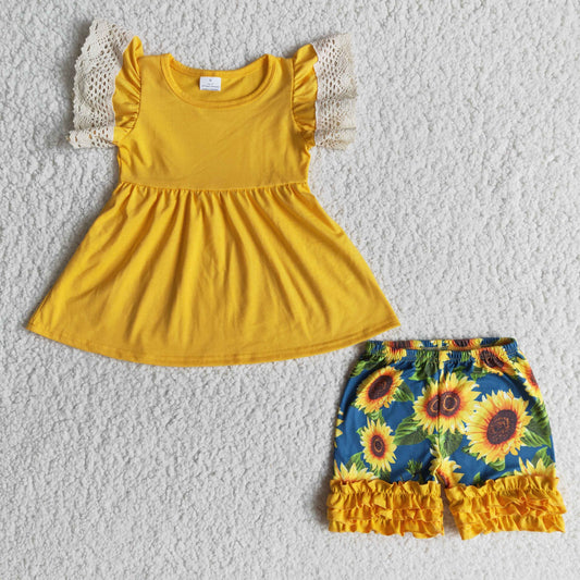 Yellow lace dress top sunflower ruffle shorts set