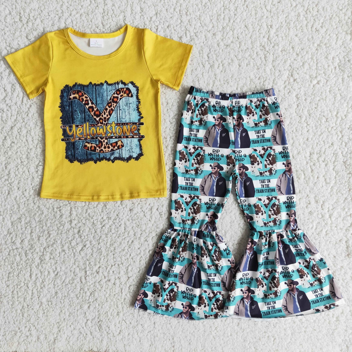 Yellow stone t-shirt bell bottoms pants set