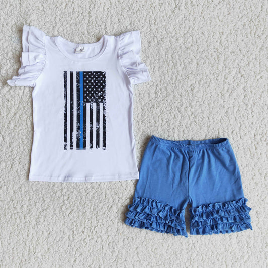 Army white ruffle t-shirt blue ruffle shorts set