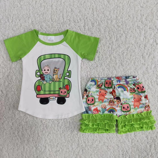 B9-12 Girl Green Shirt Cartoon Shorts Outfit-promotion 2024.3.9