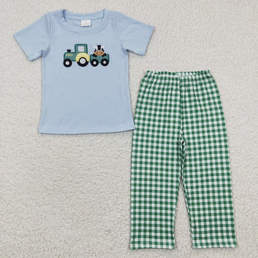 boys truck embroidery blue tops bottoms sets BSPO0089